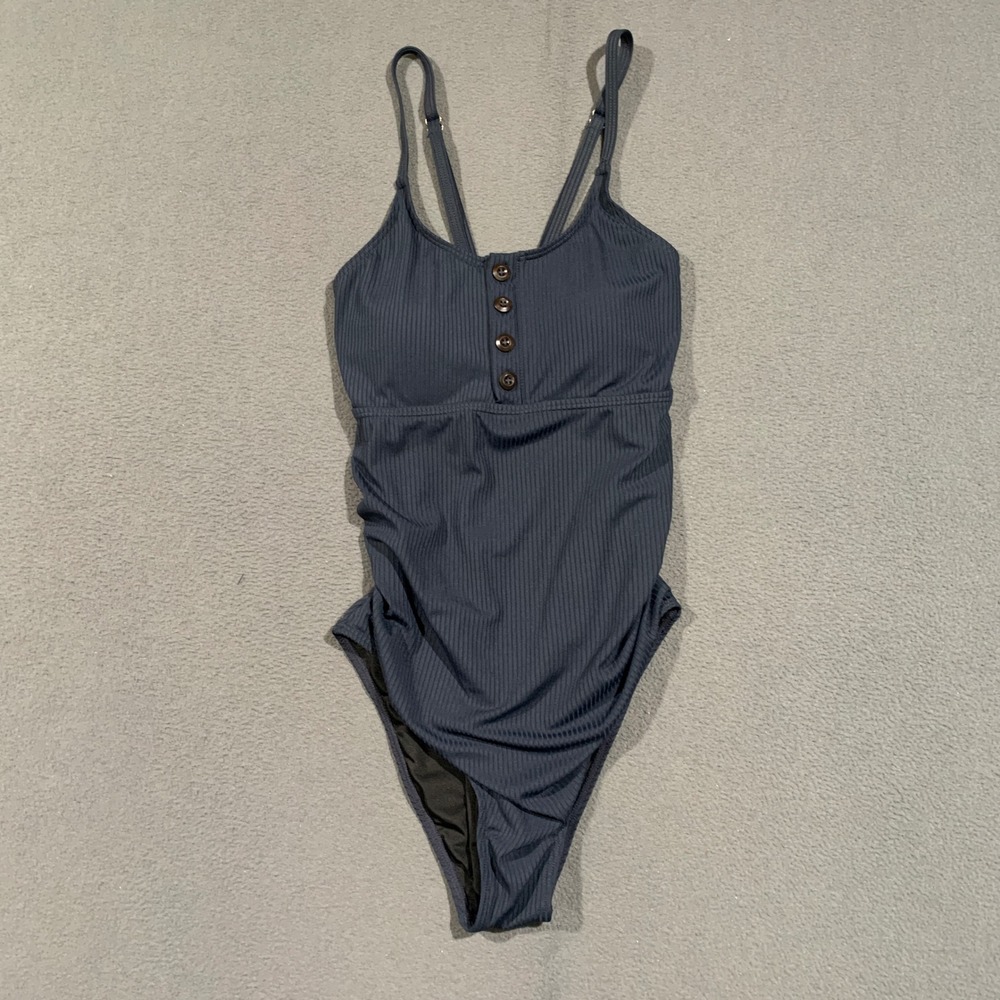 Summer Mae One Piece Swimsuit Womens Medium Navy Blue Ribbed Henley Beachwear